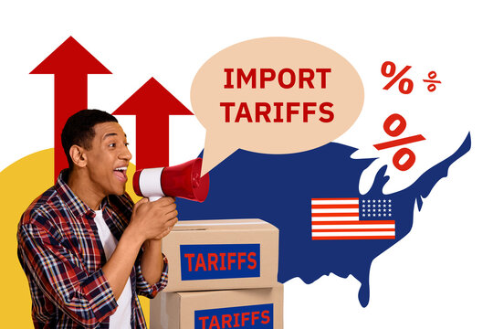 Creative trend artwork 3D collage of young man talk megaphone box tariffs import growth percent embargo political government sanctions usa