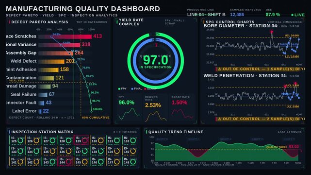 Explore a dark mode manufacturing quality dashboard showcasing real-time defect analytics and yield rates with animated charts and gauges in a clinical, precision-engineered style.