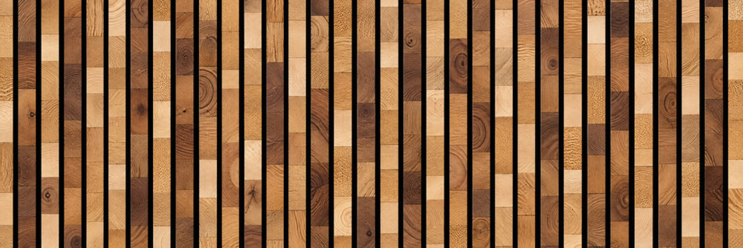 Vertical wooden slat wall texture with natural oak and walnut timber planks, modern architectural wood paneling background for interior design, seamless timber batten pattern with grain.