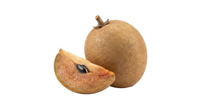 A whole and sliced sapodilla fruit on transparent background
