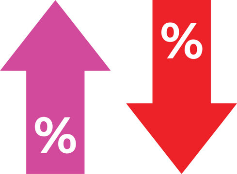 Percentage arrows showing increase and decrease, pink up arrow and red down arrow with percent symbols, financial interest rate icons for economic trends