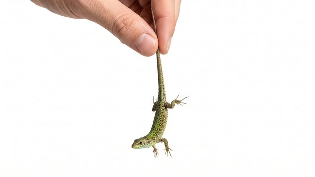 Human hand holding small green lizard by tail safely isolated studio shot on white background