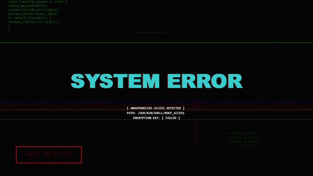 System error text with digital glitch effect and chromatic aberration, broken interface, technology failure, cybersecurity threat, corrupted data background