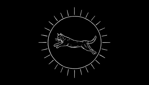 Hand drawn line art illustration of a cat jumping mid-air inside a circle with sun rays on black background
