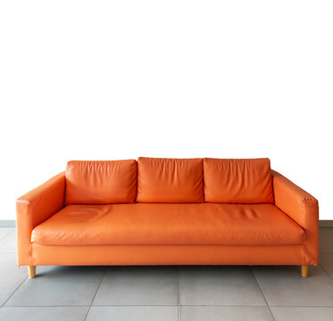 Three-seater orange leather sofa with wooden legs, positioned on  gray tiled floor on cut out backdrop,  ideal for interior design and minimalist home concepts.
