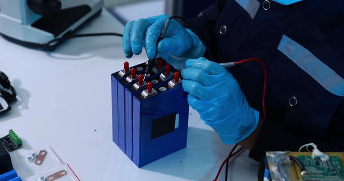 Technician wearing blue gloves tests terminals on a rechargeable battery pack with probes on an electronics workbench.
