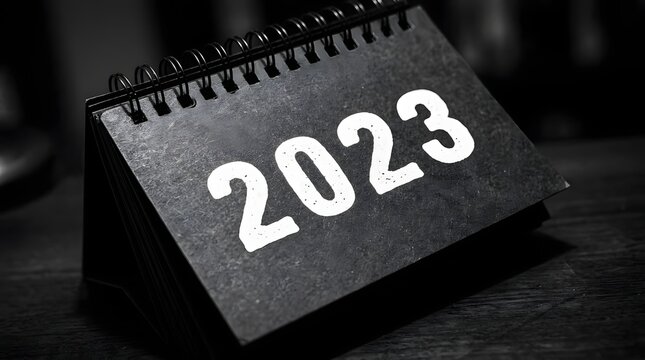 Close up of a desk calendar displaying the year two thousand twenty three in black and white