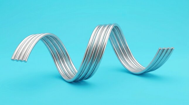 Five parallel metallic rods bent into a wave shape on a blue background