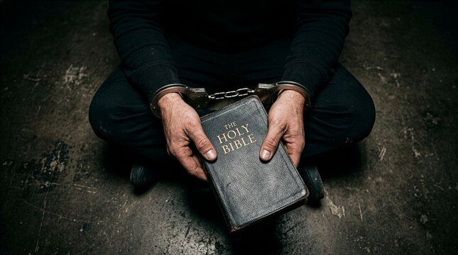 Close up of a handcuffed man holding the Holy Bible while sitting on a dark concrete floor, representing themes of religious freedom, faith in prison, and spiritual justice.