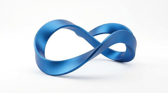Blue metallic infinity loop sculpture isolated on white background