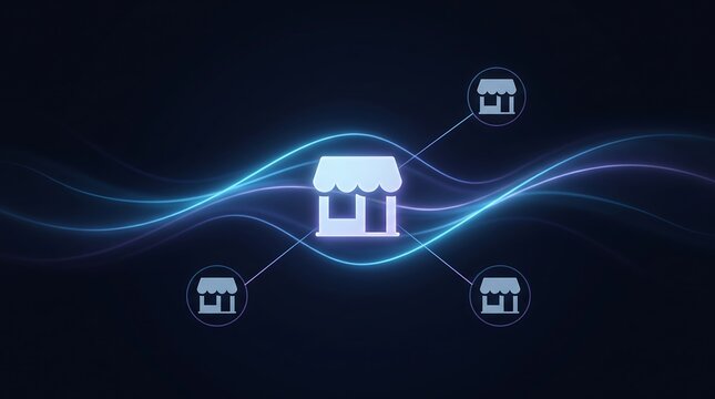 Futuristic digital store network icon concept, glowing retail store connections on dark blue background, e-commerce franchise technology banner