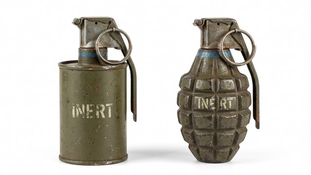 Two military green inert training hand grenades standing upright isolated on white background