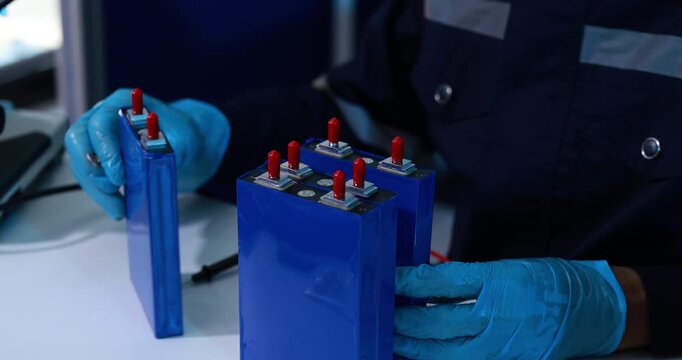 Technician wearing blue protective gloves inspects a row of blue rechargeable battery cells with red terminals on a workbench in a lab.