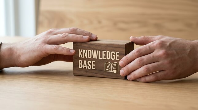 Two people passing wooden block labeled knowledge base symbolizing information sharing