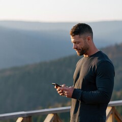 Fototapeta premium Man using phone on mountain balcony background with scenic sunrise view for banner and website background design