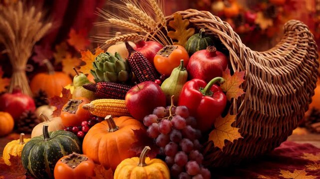 Thanksgiving cornucopia overflowing with autumn harvest fruits and vegetables.