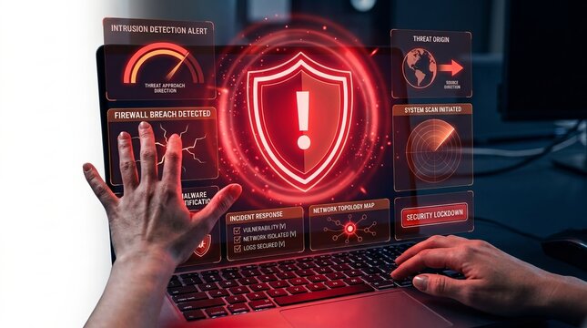 Cybersecurity shield icon with an exclamation mark glows intensely red on a laptop screen, indicating a critical security breach and data protection failure.