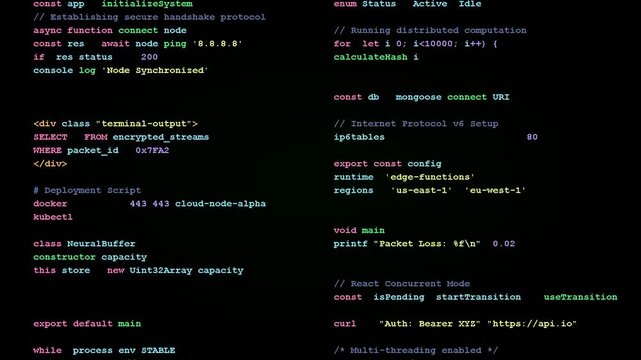 Digital text scrolling on black screen, command line interface with colorful data logs and programming code syntax for software development