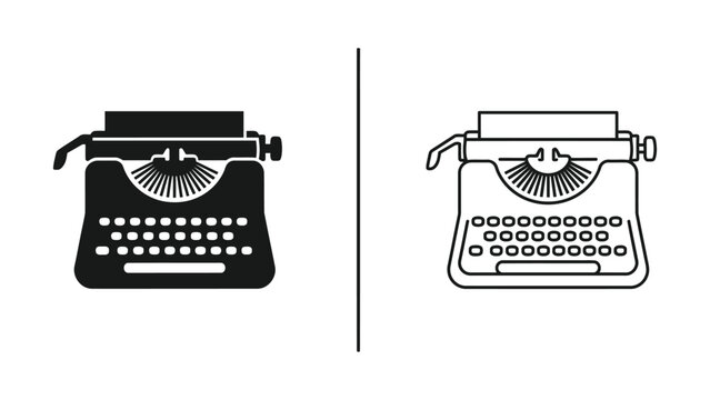 Two vintage typewriter illustrations in contrasting styles a black silhouette and a white outline on a clean background