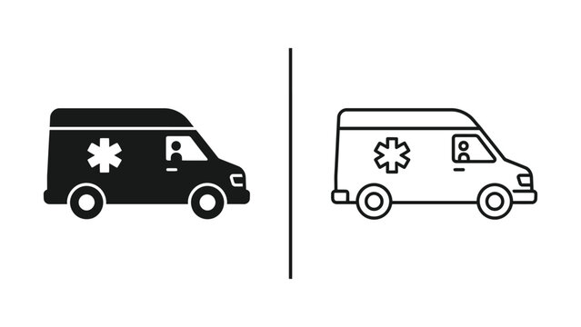 Two ambulance line icons depicting front and side views with a medical star symbol on a white background