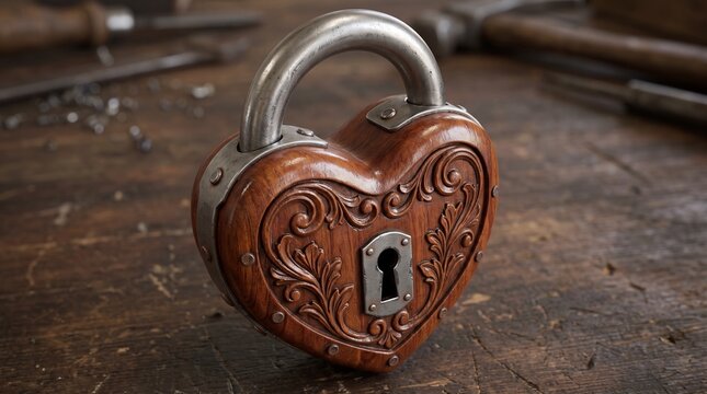 Vintage rustic heart-shaped bronze padlock with ornate keyhole details on dark background