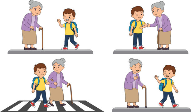 Kind Schoolboy Helping Elderly Woman Cross Street Vector Set Featuring Crosswalk Safety Social Care and Good Manners for Children Educational Designs