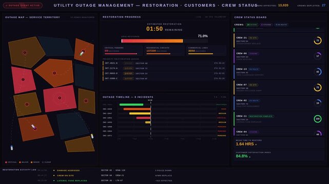 Explore a dark-mode utility outage management dashboard showcasing customer restoration progress and crew status with real-time data visualization and animated elements.