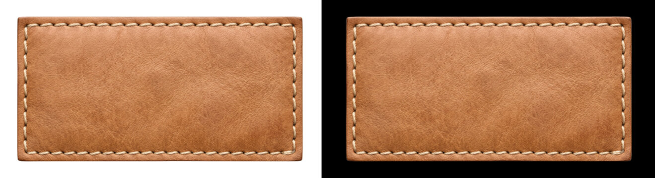 Wide rectangular brown leather patch with prominent stitching isolated on transparent background for clothing brand tag mockup design.
