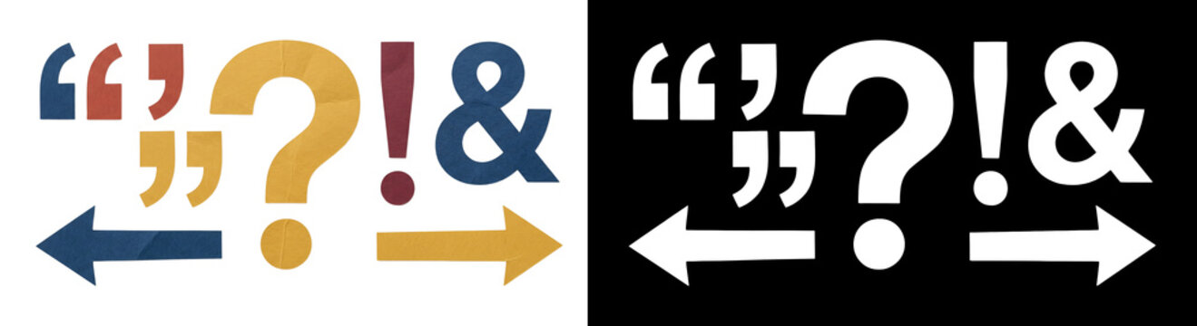 Collection of colorful paper cutout symbols including punctuation marks and arrows for creative text decoration and graphic design projects.