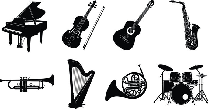 Set of classical and modern musical instruments black silhouette vector icons isolated on white background.