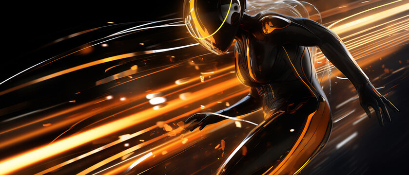 Futuristic cyber runner moving at high speed, golden glowing light trails in dark space, sci-fi action technology concept banner