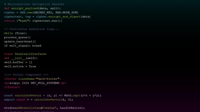 Software source code scrolling on computer screen, programming syntax, web development process, backend technology architecture, software engineering
