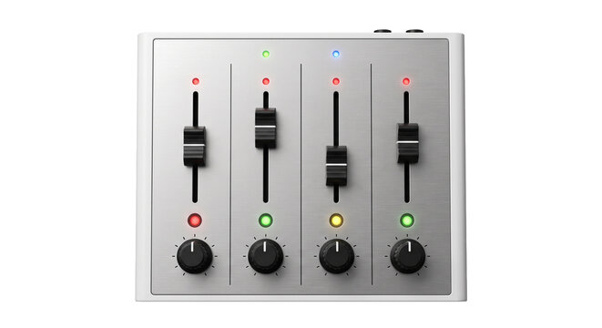 Audio mixing console featuring four sliding faders and four rotary knobs with illuminated status indicators for professional studio use.