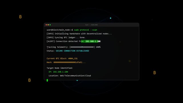Terminal command line interface window displaying software code, system logs, data processing, server administration, backend development environment