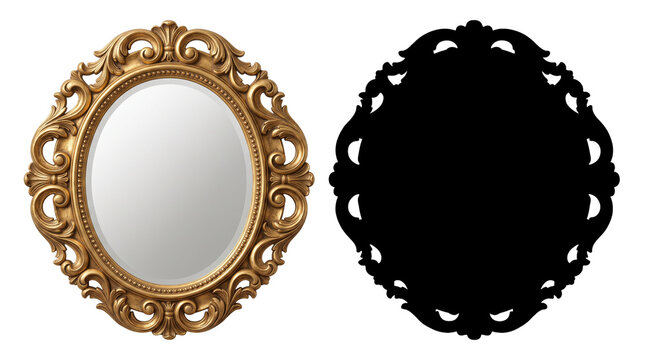 Vintage gold oval mirror frame with ornate carved details and black silhouette mask for luxury interior decor design compositions now.