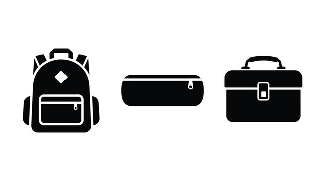 School Supplies Icons Set with Backpack, Pencil Case, and Lunchbox. Simple Vector Illustrations for Education and Learning Concepts