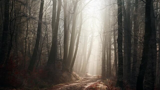 Atmospheric light and beams in a foggy forest with hoarfrost, silhouetted tree trunks and a frozen path