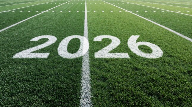 White number 2026 painted on green grass field. Concept for sports season planning, annual athletic program schedule, tournament preparation. New year sports calendar, competition event organization,