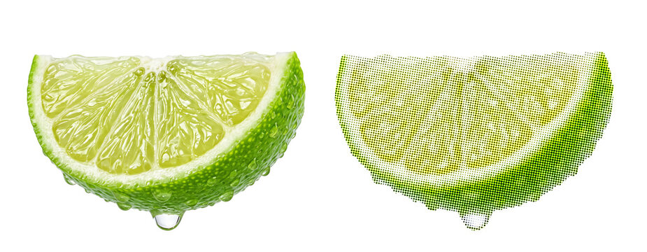 Fresh lime fruit slice with water droplets and matching halftone vector pattern for culinary website graphic design web background projects.