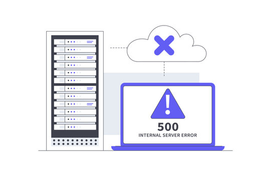 Server Error 500 Internal Server Issue and Network Disconnection. Server Rack Rackmount with Laptop Displaying 500 Error Warning and Cloud Disconnect. Flat Cartoon Vector Illustration, icon Stylish 