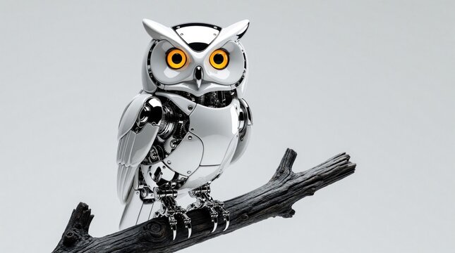 White robotic owl sits on dark tree branch. Cybernetic bird with yellow eyes, metal parts rests on wood. Futuristic mechanical animal sleek tech design. Artificial intelligence concept featuring