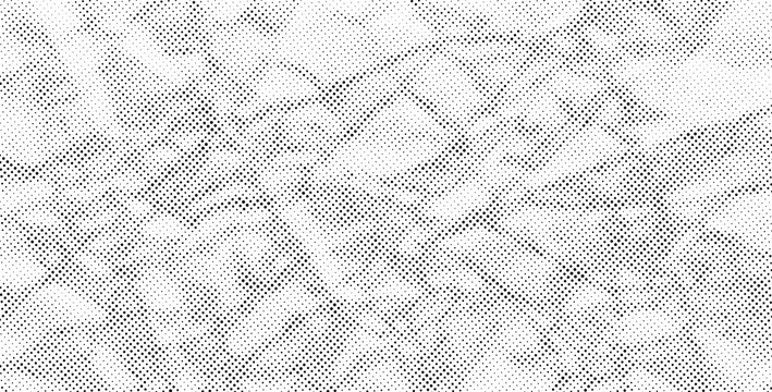 Black and white halftone pattern with abstract intersecting lines and dot matrix texture, monochrome background