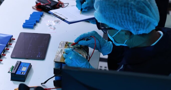 Technician in protective gloves, mask and hair cover tests an electronic circuit board with probes at a laboratory workbench.