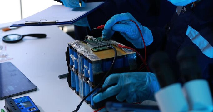 Technician wearing blue gloves tests a lithium battery pack with multimeter probes on a workbench during electric vehicle or electronics repair.