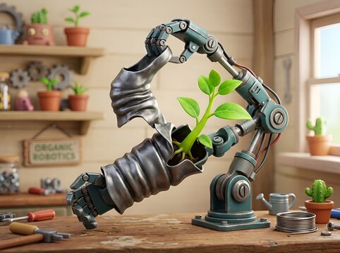 Mechanical robotic arm holding a green growing plant sprout on a wooden workbench inside a rustic workshop filled with potted plants.