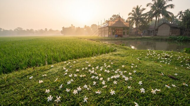 Rural Bengal autumn landscape at sunrise with fresh shiuli flowers on grass, paddy fields, and a village Durga Puja pandal.   