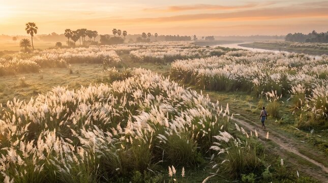 Serene autumn landscape with vast fields of blooming kash flowers, a winding river, and a person walking at sunrise.   