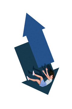 Trend artwork sketch design montage 3D collage of trader business target charts stats arrow up young woman fly down shocked scream