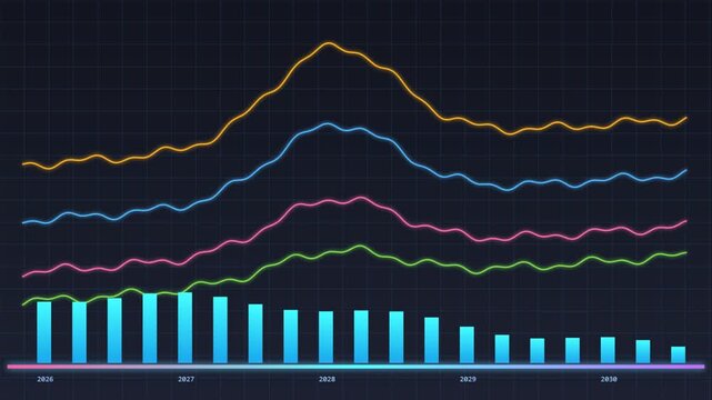 Neon financial market charts and glowing statistic data lines moving forward in digital business video footage