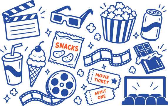 Hand-drawn movie icons collection including popcorn tickets and film reel perfect for entertainment and cinema concepts